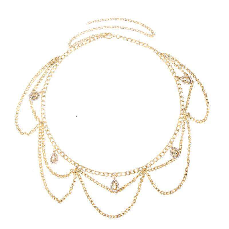 Light Luxury Multi-layer Retro Style Champagne Gemstone Pendant Waist Ladies' Body Chain Jewelry S260304