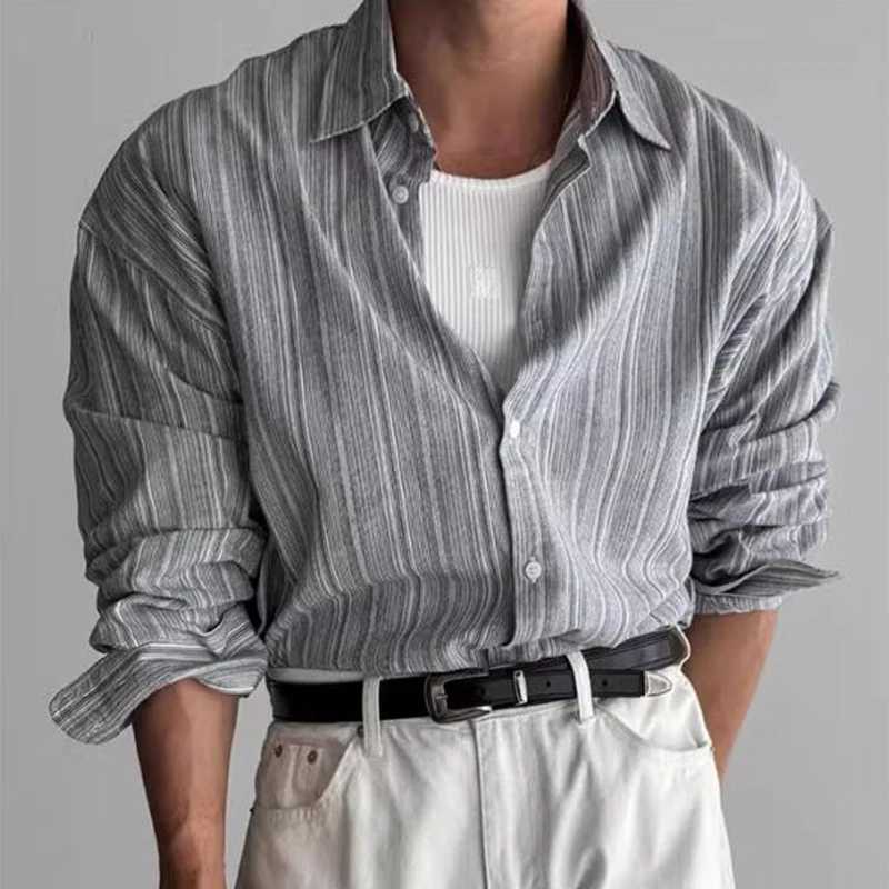 Vintage Mens Striped Printed Shirt Long Sleeve Turn-down Collar Buttoned Shirts Autumn New Casual Slim Fit Men Cardigan Shirts g52 M260305