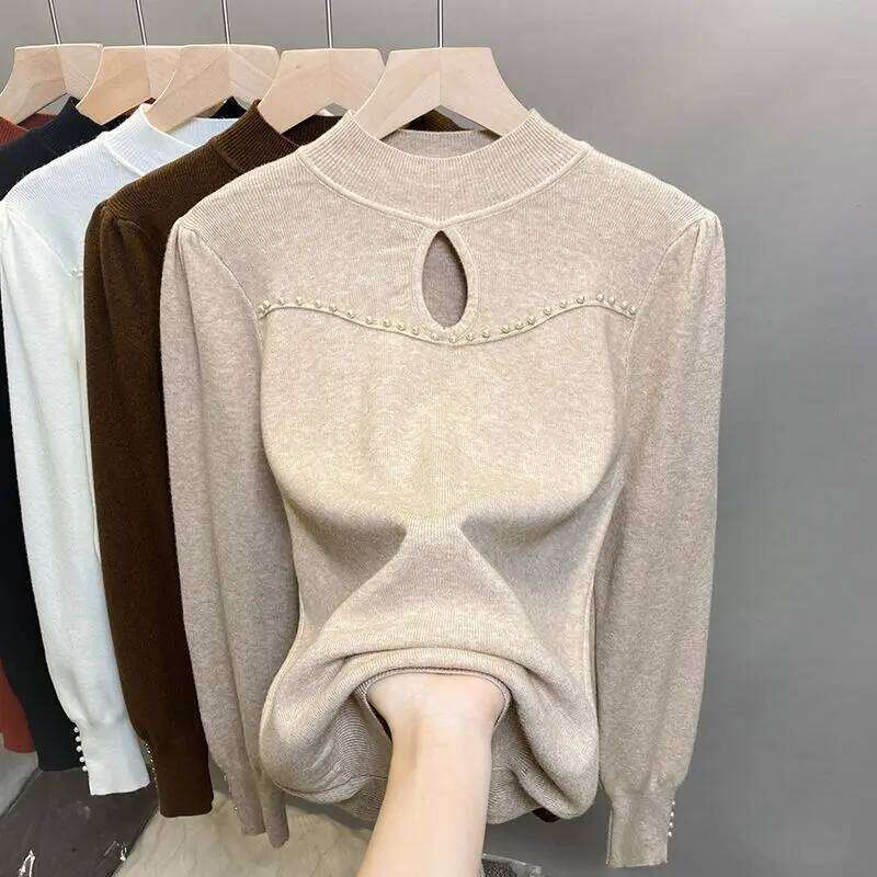 Oversized Half Height Collar Embroidered Flares Knitting Bottoming Shirt Sweater Ladies Office Lady Hollow Out Pullovers Top Tee XJ260305