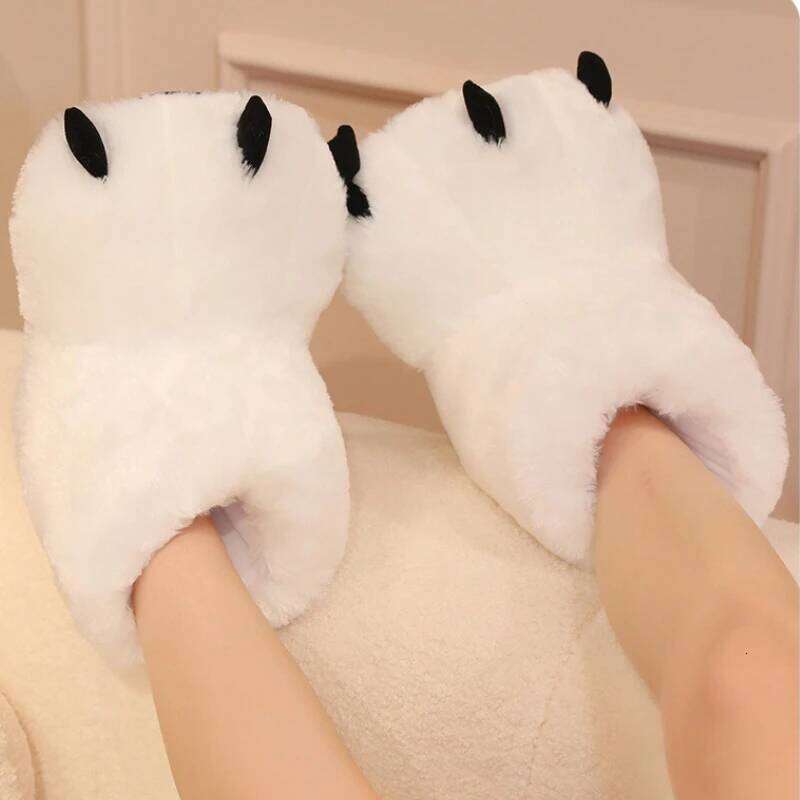 Cute Cartoon Paw Faux Fur Woman Winter Home Floor Fluffy Slippers Soft Plush Girls Indoor Snow Boots Funny Party Shoes