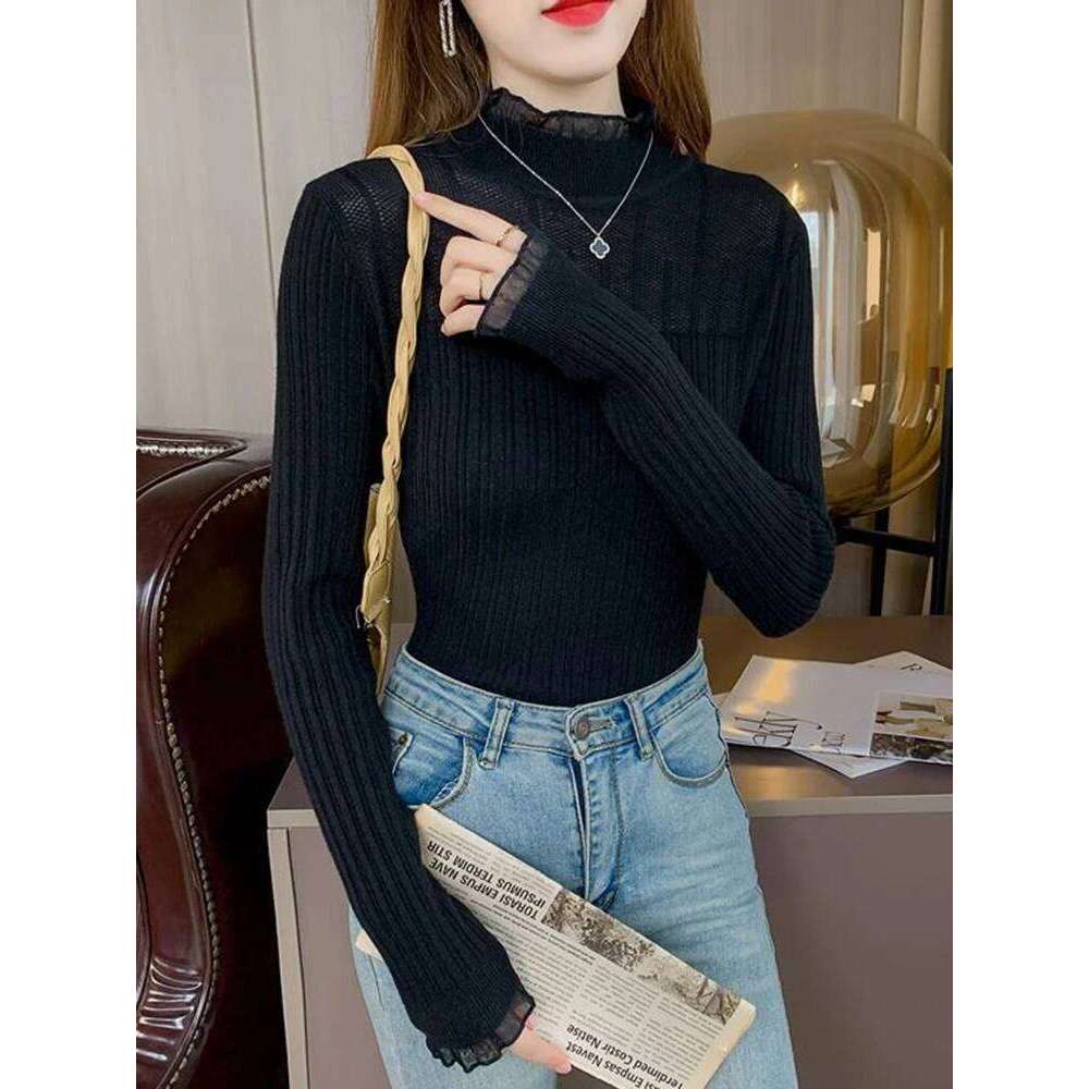 Lace Mock Neck Women Sweater Sexy See-through Knitwear Pullovers Jumper Autumn Winter Solid Soft Long Sleeve Sweaters Female Top XJ260305