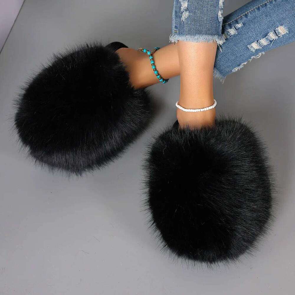 Faux Fur Fluffy Slippers For Women Indoor Street Slides Solid Color Warm Plush Girls Fashion House Shoes Anti-slip Big Size 42