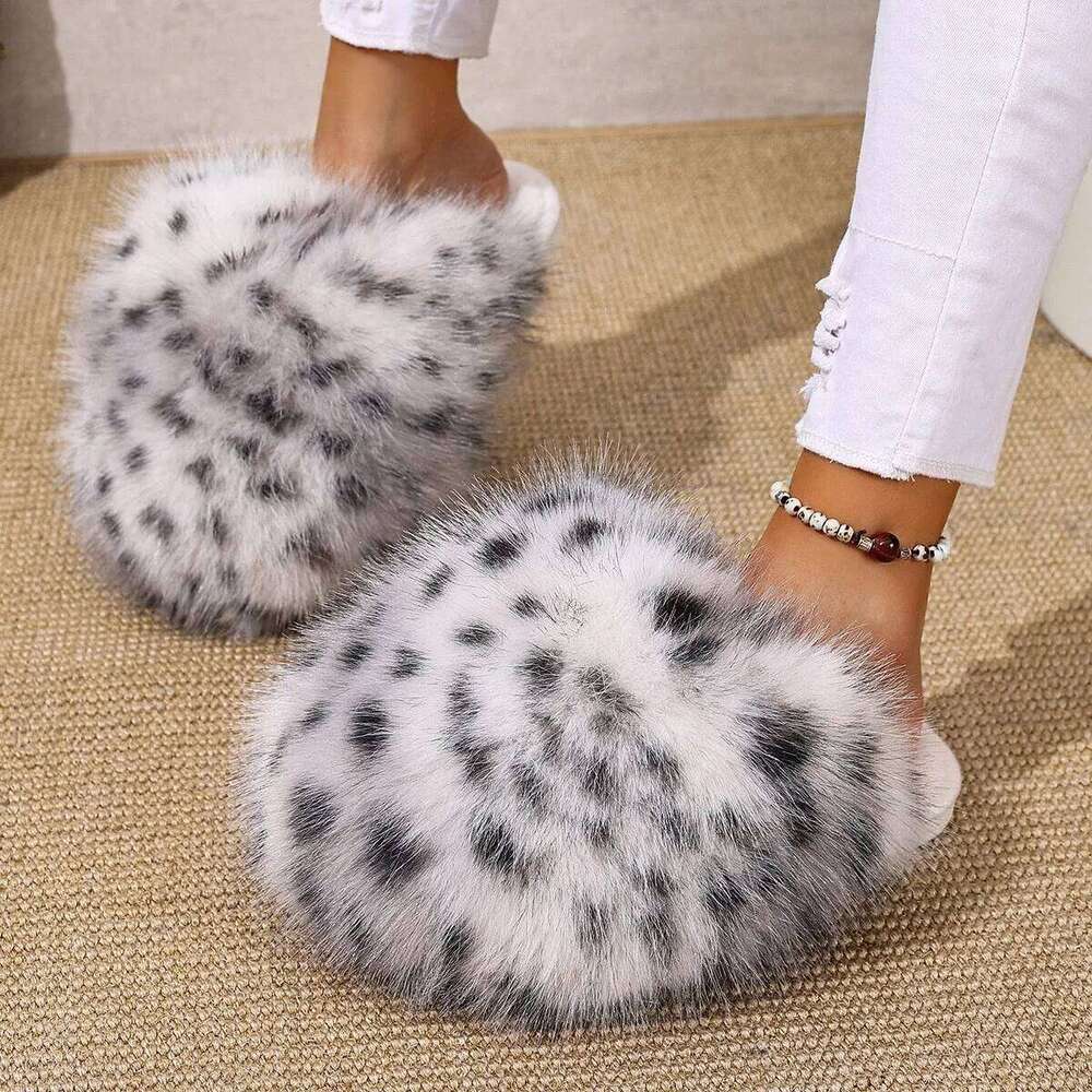 Warm Faux Fur Indoor Fluffy Slippers For Women Autumn Winter House Shoes Leopard Color Anti-slip Female Home Floor Cotton Slides