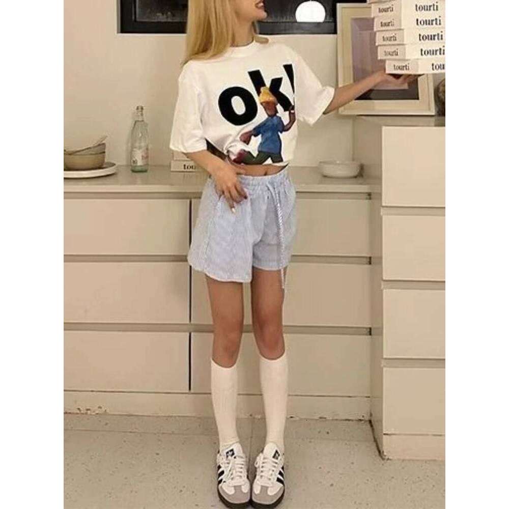 HOUZHOU Y2k Striped for Women Harajuku Blue Baggy Elastic Waist Short Pants Korean Style Casual Fashion Retro Shorts XJ260305