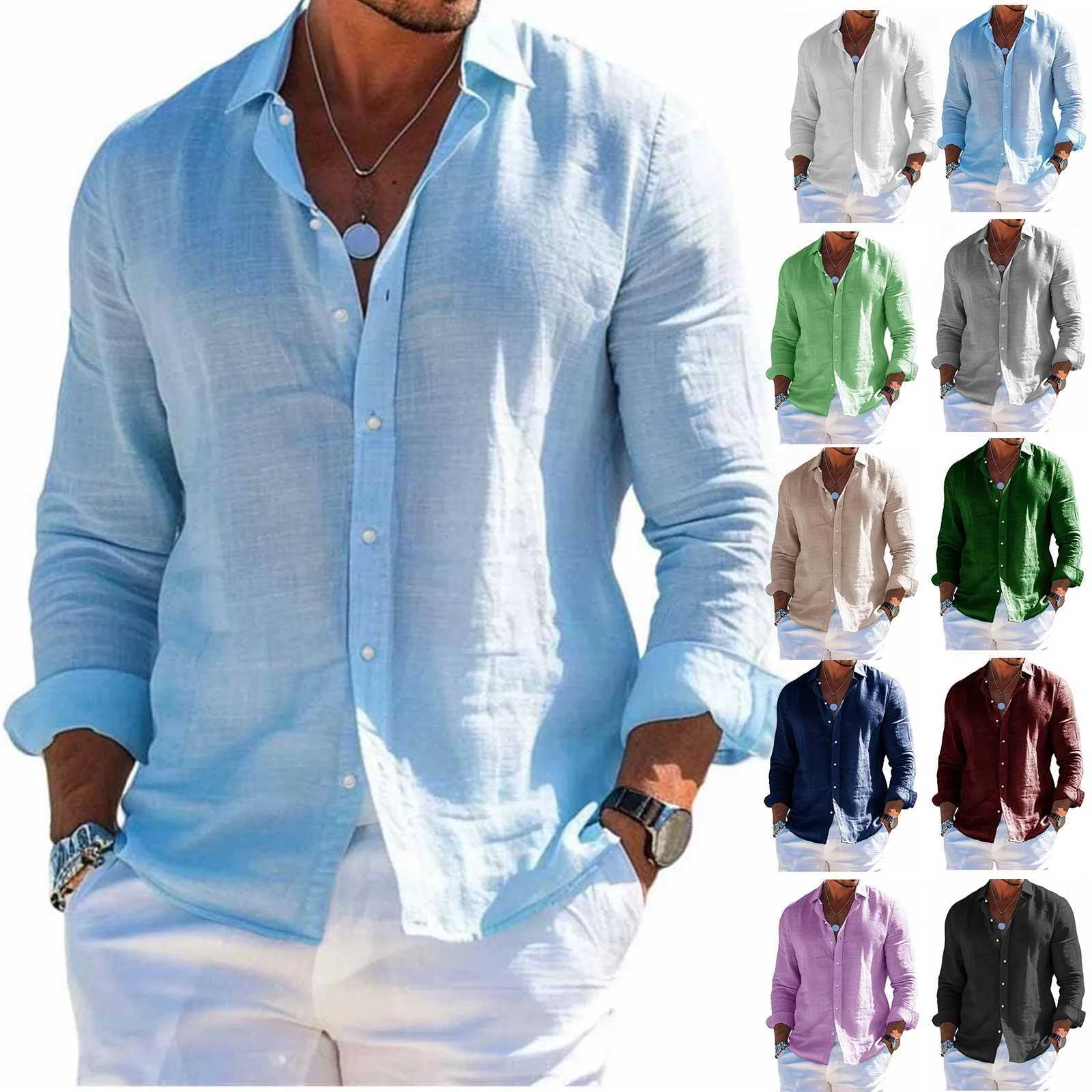 Mens tops long sleeve new style shirt cotton linen cool solid color loose lapel casual beach style cardigan spring and summer M260305