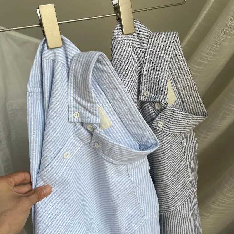 Retro Japanese Versatile Wash Striped Shirt Oxford Spinning Men and Women Casual Long-sleeved Shirt Clothes M260305