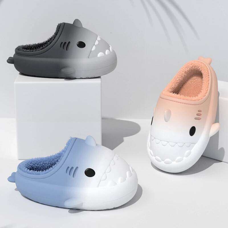KIDMI Gradient Shark Furry For Men Women Plush Lining Bag Heel Slides EVA Linght Warm Indoor Cotton Slippers
