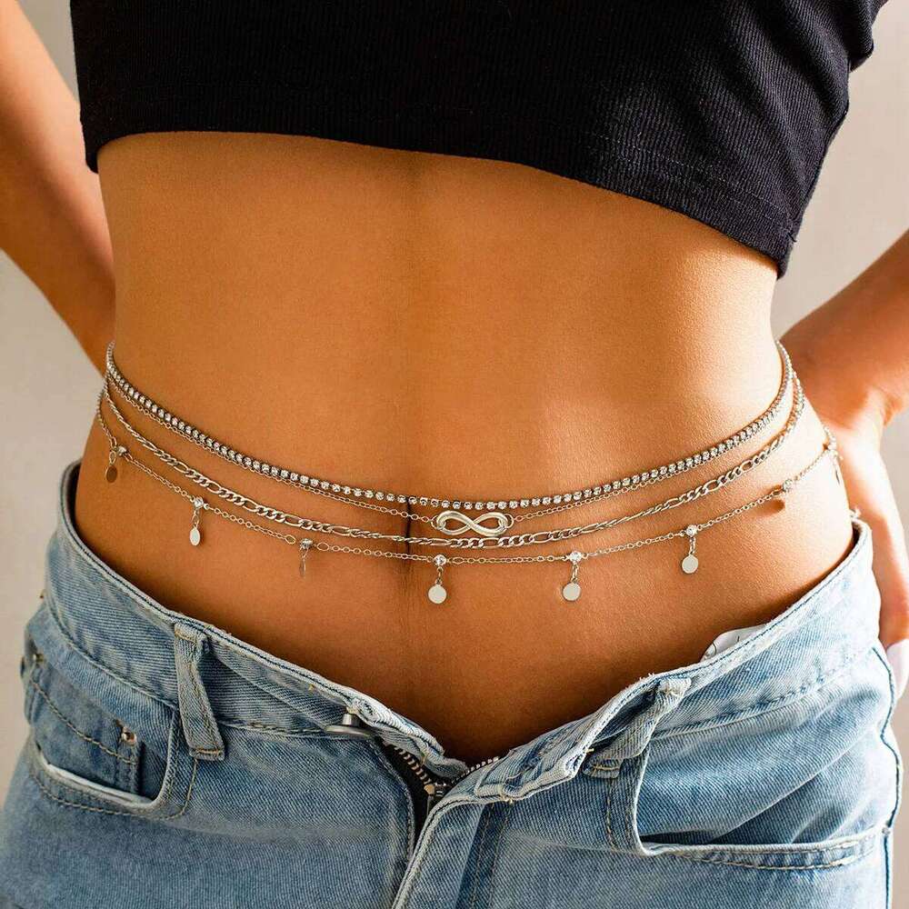 Fashionable and Sexy Metal Rhinestone Belly Button Tassel Layered Plain Women's Beach Waist Chain Jewelry S260304