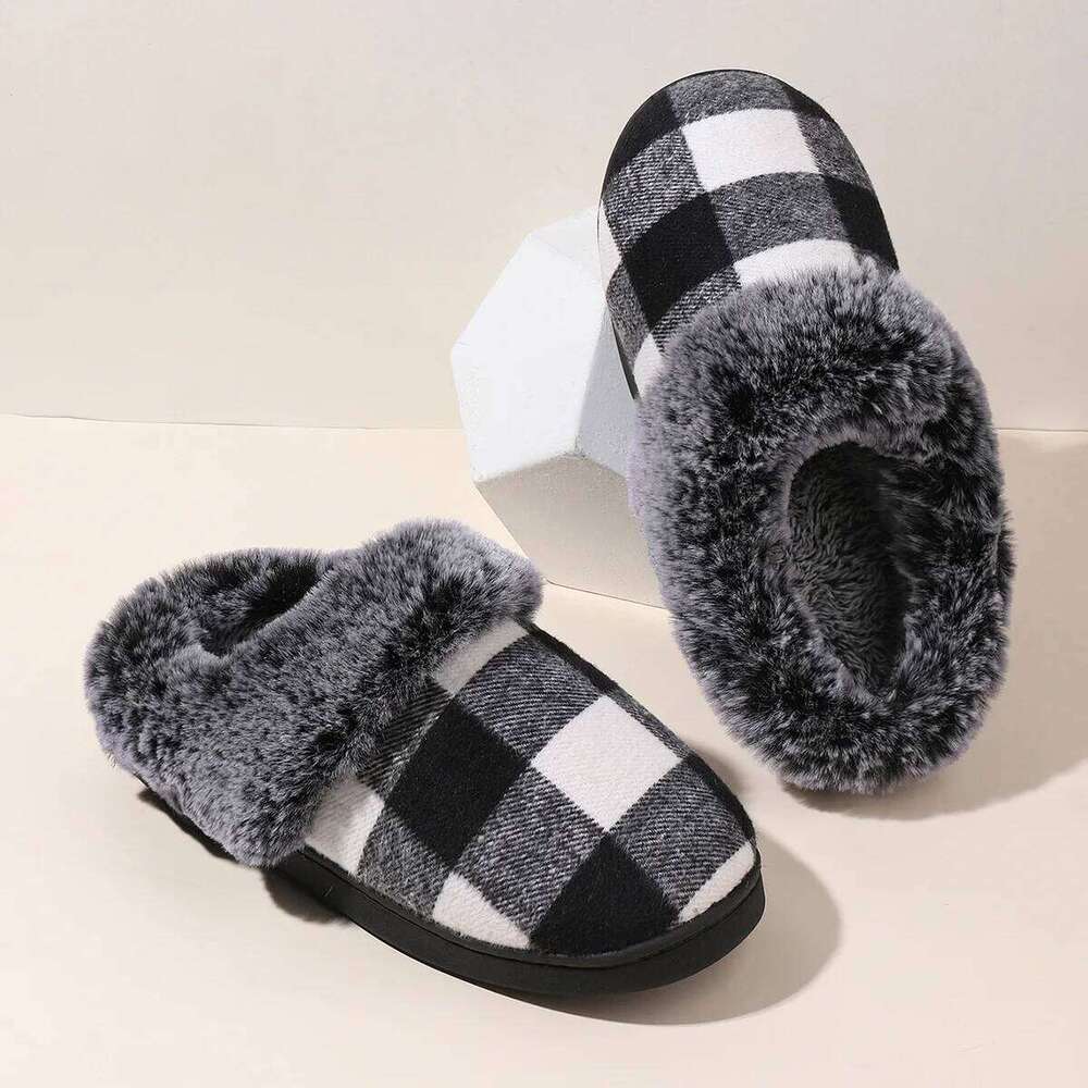 Kidmi Indoor Lattice Wool Comfortable Warm Fleece Winter Non-slip Thickened Home Cotton Slippers