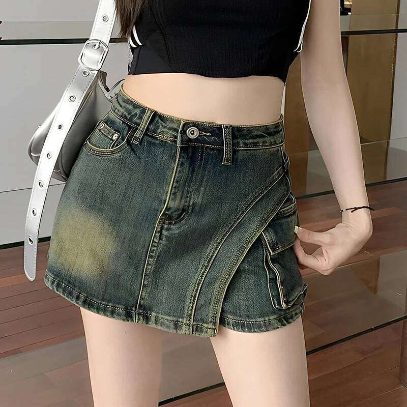 Fashion Design Niche Irregular Denim 2025 Summer New Big Pocket Hot Girl Slim Short Skirt XJ260305