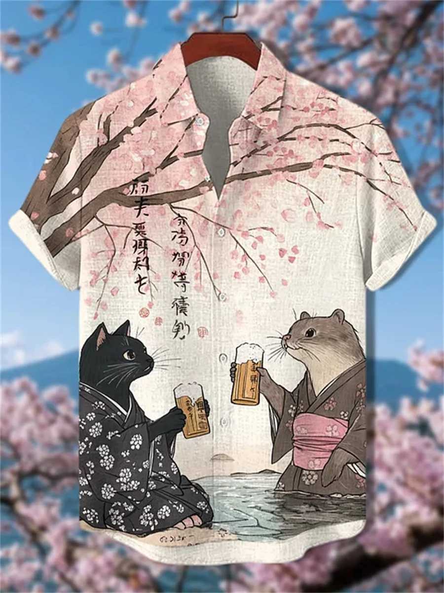 New mens short-sleeved shirt with cartoon cat print casual and breathable loose fit stylish outdoor Hawaiian shirt M260305