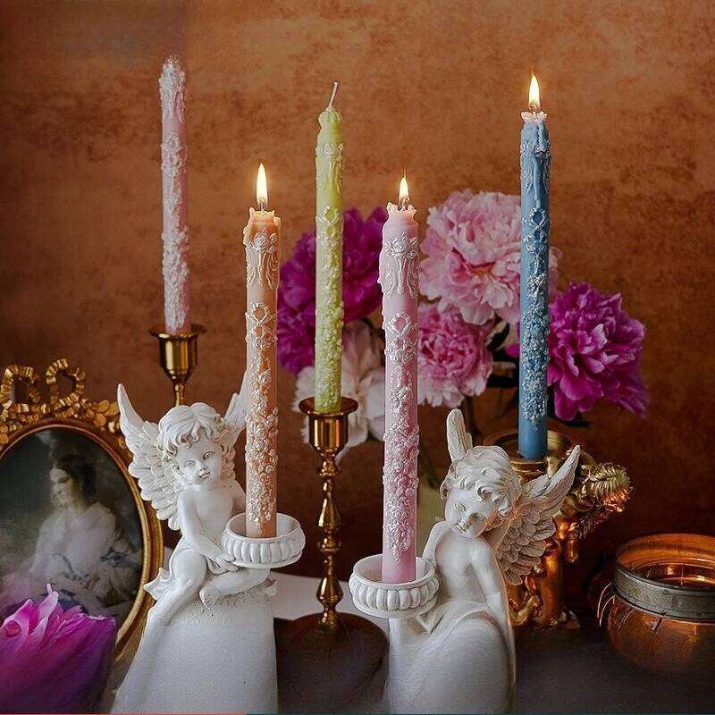Long Embossed Candles Candle Holders, Scented Taper Wedding Candles, Home Decoration Item for Ceremony W260304 W260305