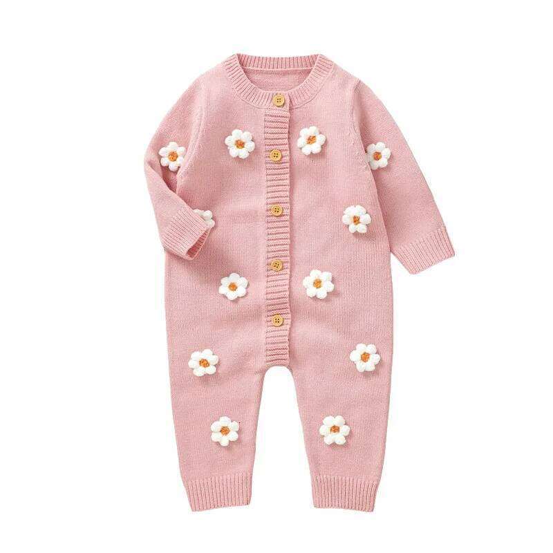 Citgeett Spring Infant Baby Girls Knit Romper Long Sleeve Button Flower Fall Jumpsuit Sweater Pink Clothes Z260304