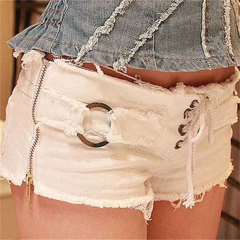 Women Side Zipper Splice Denim Shorts Lace-up Open Crotch Ultra-short Trousers Casual Three Quarter Pants Female Sexy Streetwear XJ260305