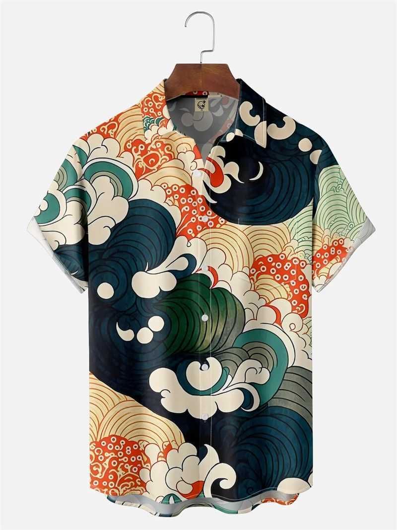 Japanese Style Ukiyoe Wave Print Men Women Short SLeeve Button Shirts Summer Fashion Clothes Tops HAWaiian Unisex Blouse M260305