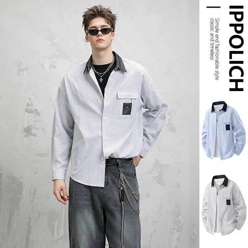 Autumn Mens Shirt Long Sleeve Blue Striped Shirts Spring Blouses Fashion Loose Blouse Y2K CloTHing Casual Shirts CloTHes M260305