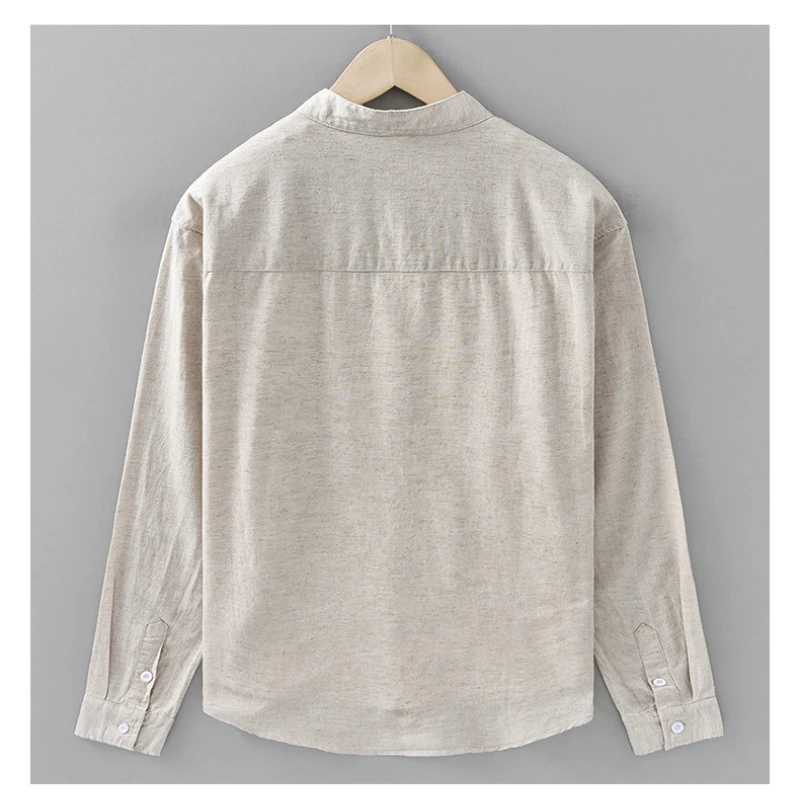 Cotton Linen Shirt Japanese Style Mandarin Collar Long Sleeve Casual Loose Fit Button-Up Shirt Mens Retro Camping Fishing M260305