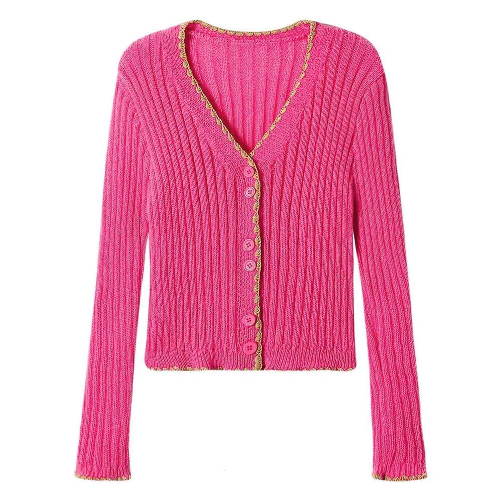 Ribbed Knit Button Up Cardigan for Women Long Sleeve Contrast Hem Crop Top Sweater Jacket Teen-girl Y2K Outfit XJ260305