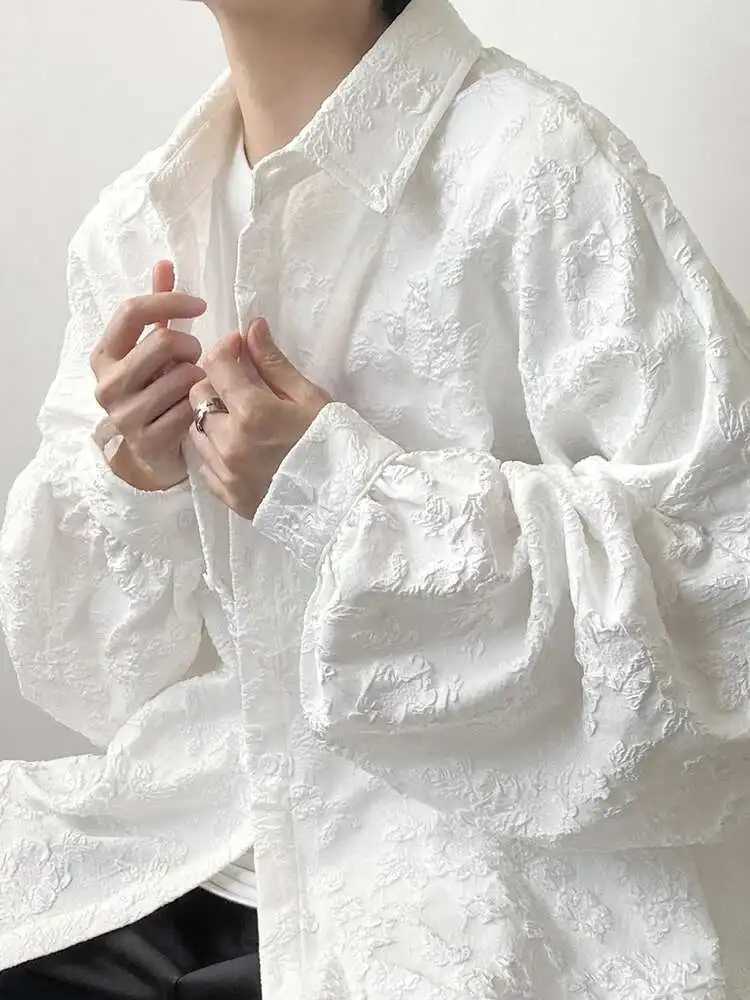 2XL White New Crumpled Jacquard Shirt Loose Fashion Solid Color Casual Turn-down Collar Top New All-match Bat Wing Sleeve P7W M260305