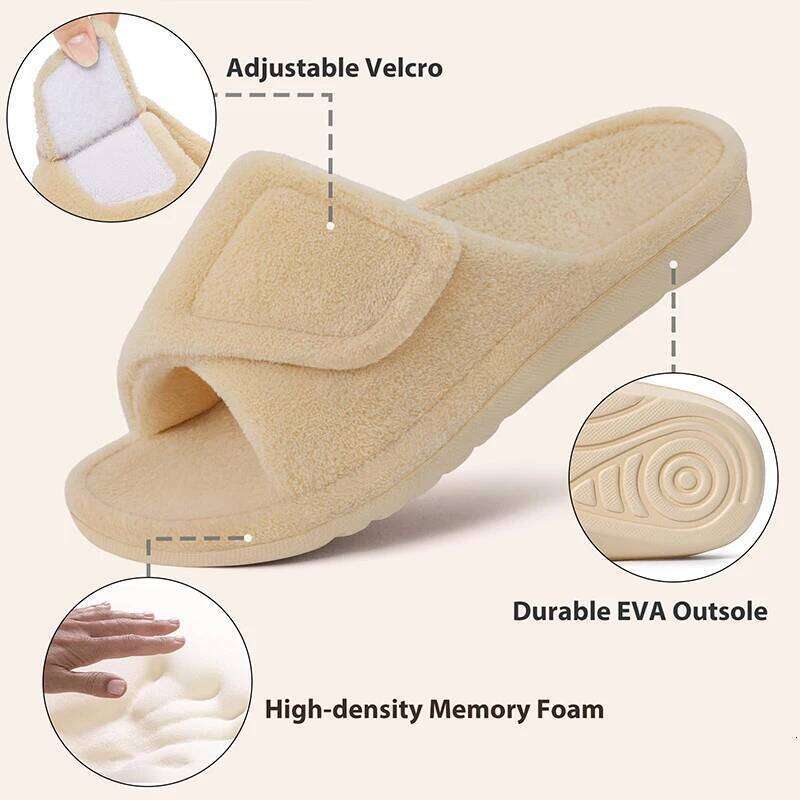Kidmi New Women's Coral Fleece Orthopedic Slippers with Arch Support Velcro Adjustable Open Toe Home Shoes for Plantar Fasciitis