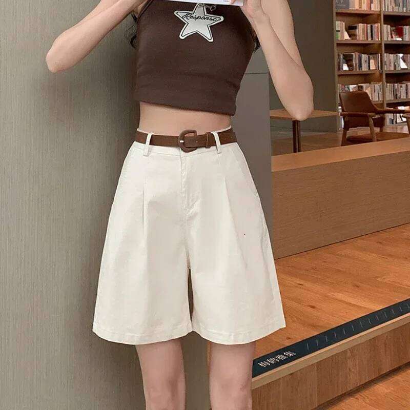 Summer High Waist Wide Leg Bermuda Shorts for Women Loose Straight Casual Pants with Belt Korean Style Button Detail XJ260305