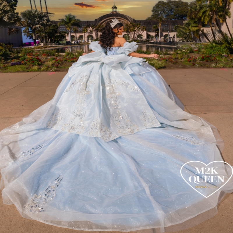Light Blue Shiny Quinceanera Dresses Ball Gown Off The Shoulder Sequin Applique Lace Beading Crystal Bow Corset Party Birthday Sweet 16 Dress Vestidos