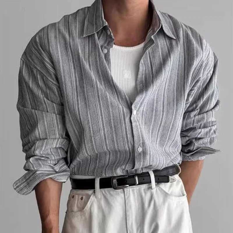 Vintage Mens Striped Printed Shirt Long Sleeve Turn-down Collar Buttoned Shirts Autumn New Casual Slim Fit Men Cardigan Shirts M260305