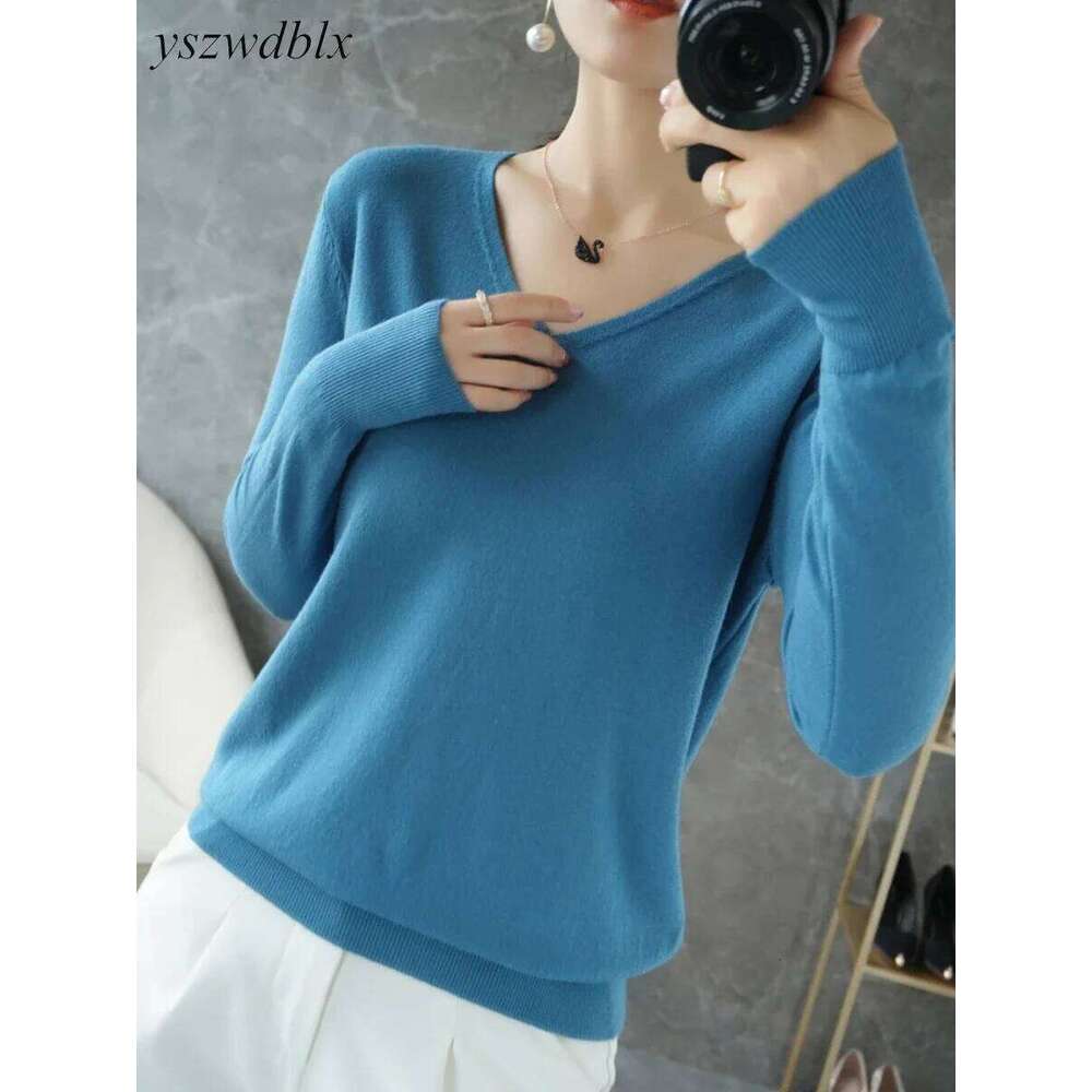 YSZWDBLX Womens Sweaters Spring Autumn V-neck Knitted Pullovers Loose Bottoming Shirt Cashmere Fashion Jumper Solid Pink Sweater XJ260305