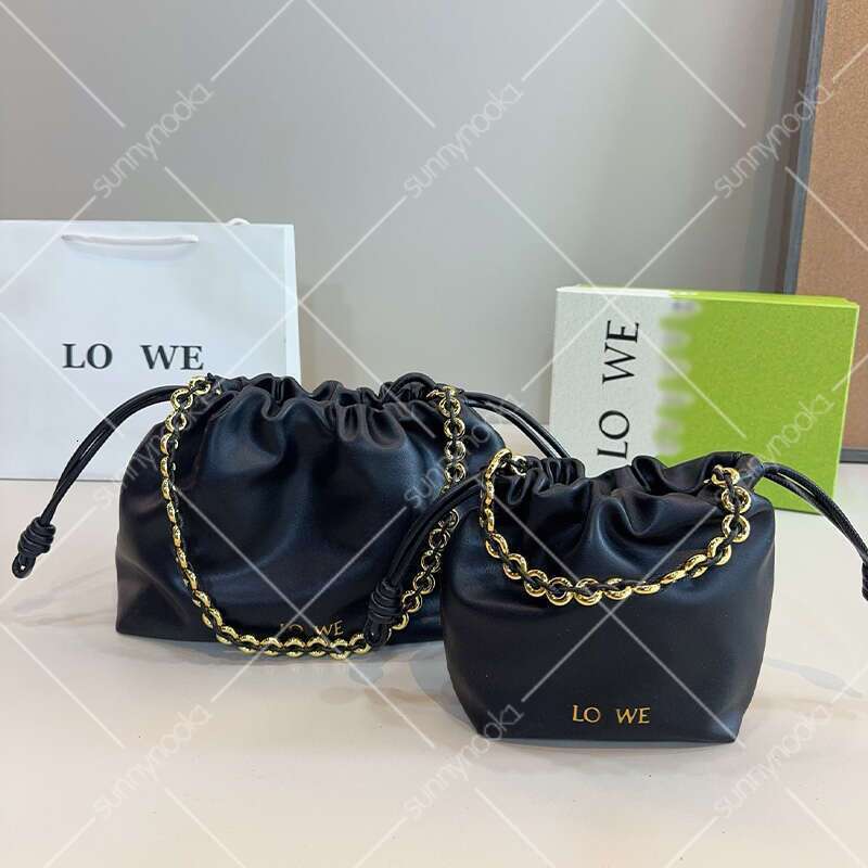 Designer Crossbody Bag Women's Bag Black Leather Drawstring Shoulder Bags Gold Tone Chain Straps High Quality Luxury Fashion Retro Daily Commuting Bag