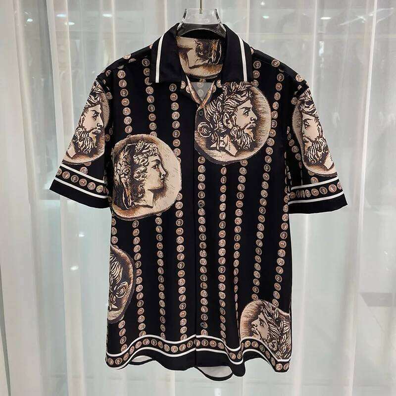 Luxury Vintage Men Short Sleeve Casual Royal Pattern Character Ditital Printing Social Party Shirts Chemise Homme De Luxe