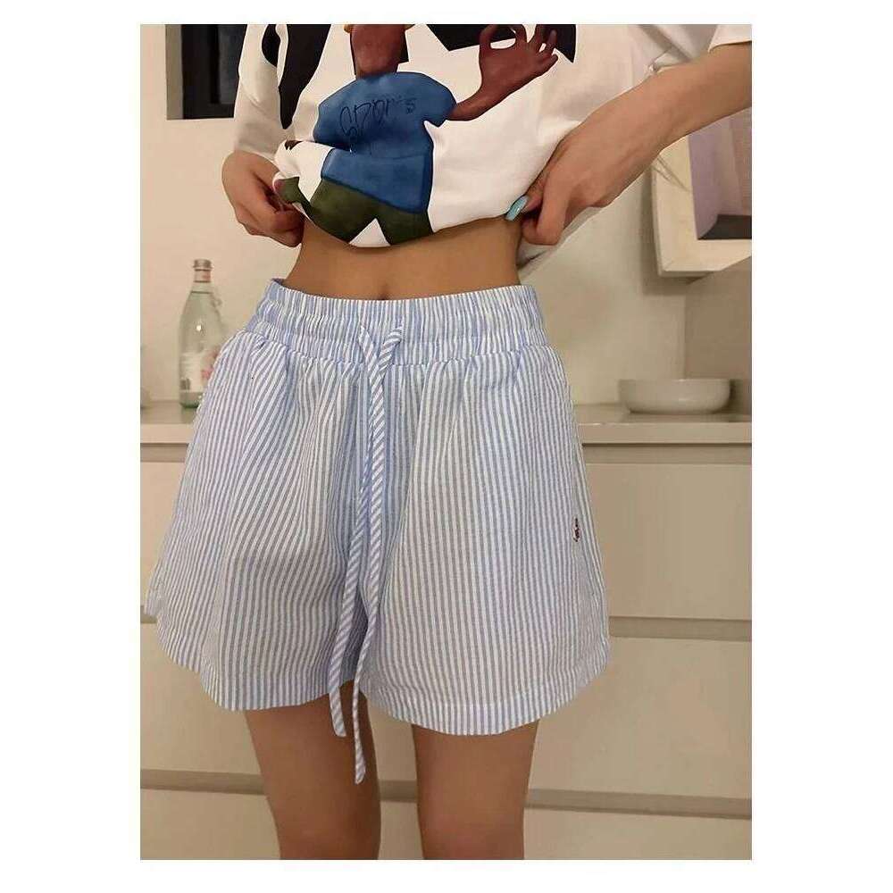 HOUZHOU Y2k Striped for Women Harajuku Blue Baggy Elastic Waist Short Pants Korean Style Casual Fashion Retro Shorts XJ260305
