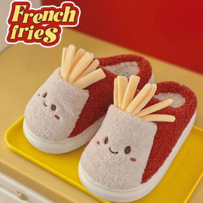 Cute French Fries Indoor Cotton Slippers For Women Men Autumn Winter House Shoes Soft Plush Anti-slip Couples Home Floor Slides