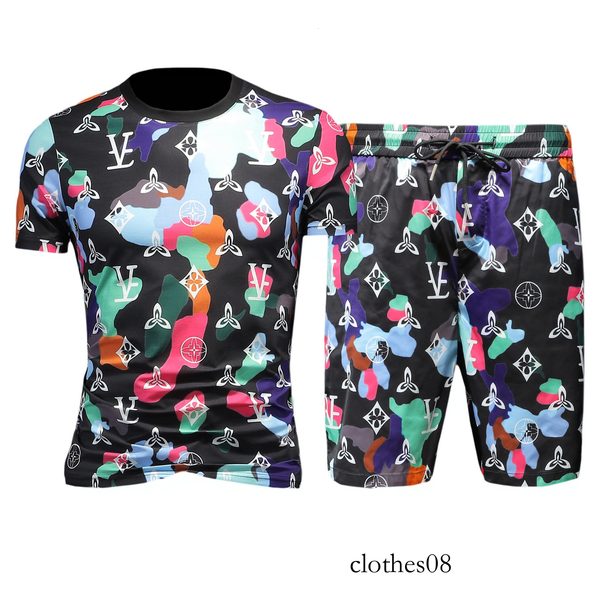 Men short-sleeved suit European Station 2025 Summer New Men's Round Neck Short Sleeve Suit Casual High-Quality Printed Plus Size Two-Piece Set