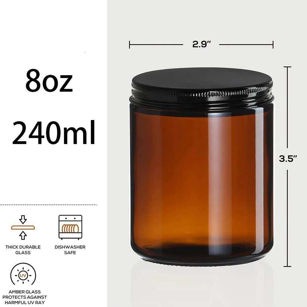 8oz Amber Glass Jars with Black Lids - For Candle Making, Food Storage, Canning, Spices, Liquids W260304 W260305