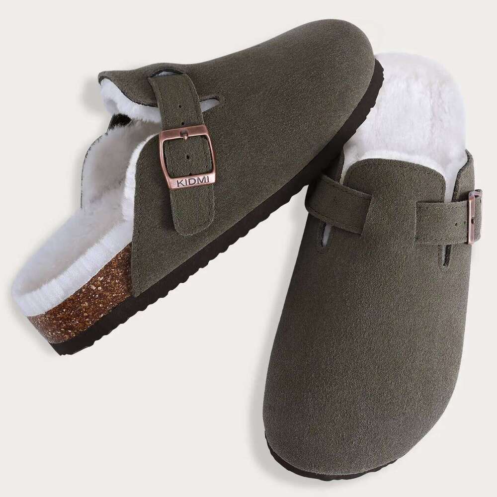 KIDMI Women's Fur Lined Suede Slippers Winter Fuzzy Cork Footbed Mules Outdoor Antiskid Slip On Potato Shoes Men Clogs