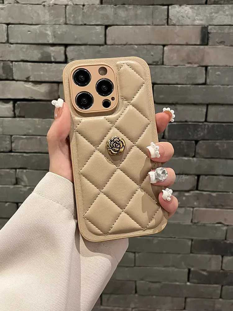 Luxury Quilted Leather Phone Case with 3D Metal Camellia For iPhone 16 15 14 13 12 Pro Max | Anti-fall Silicone Hybrid CoverT260305