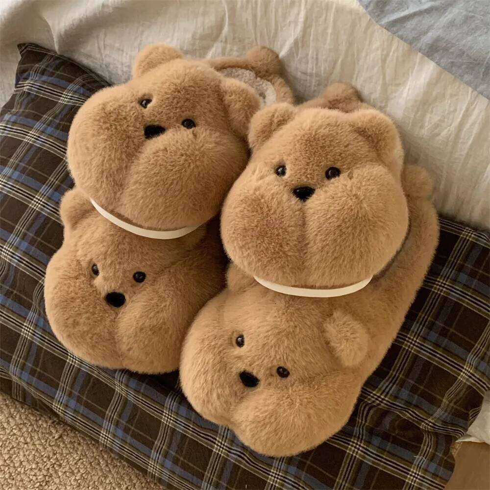 Indoor Furry Slippers For Women Men Cute Cartoon Fat Bear Winter House Shoes Warm Plush Anti-slip Couples Home Cotton Slipper