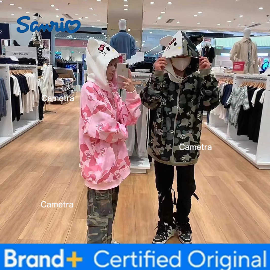Sanrio Cotton American-style vintage camouflage cardigan, Kitty Cat hoodie, women's loose and lazy style oversized coat H251120