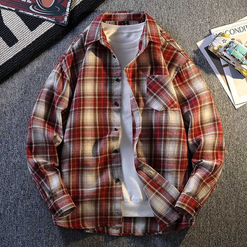 Mens Plaid Shirt Jacket Casual Long-sleeved Streetwear Young Adults Korean Fashion High Street Outwear Spring Man Clothing Top M260305