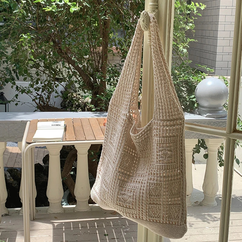 Simple Crochet Tote Bags Fashion Hollow Knitted Womens Bags Casual Female Shoulder Bags Ladies Shopping Top-Handle Bags Handbag 260303