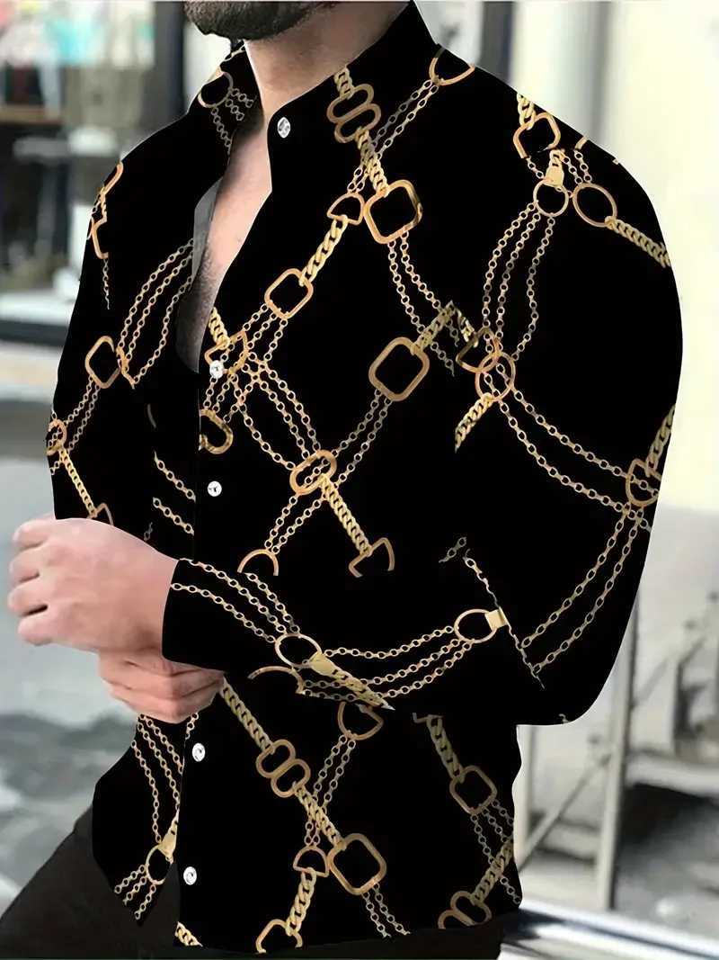 Mens gold chain printed casual shirt button style long sleeved spring versatile lapel luxurious fashion long sleeved shirt for M260305
