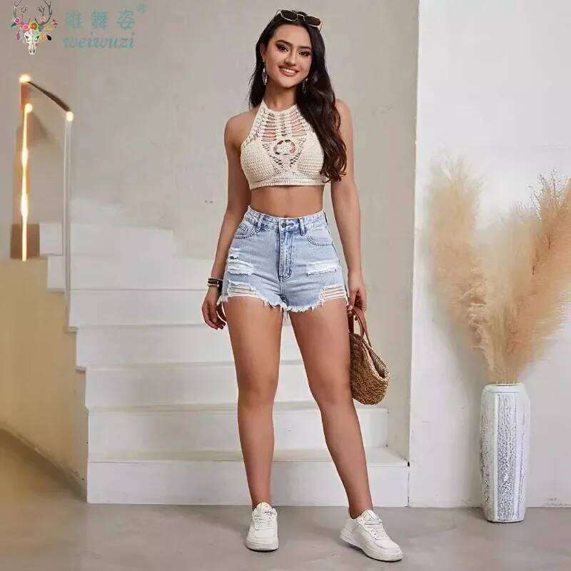 Y2K Women's Casual Fashion Slim Blue Ripped JEANS Holes Summer Quality High Waist Pants Pocket Tassel Denim Shorts XJ260305