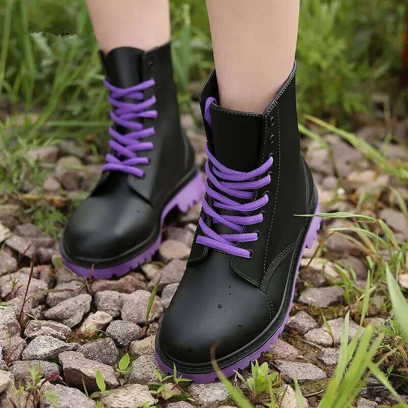 Fashion Women Rain Boots Waterproof Woman Square Heel Rubber Shoes Female Lace-up PVC Ankle Boot Ladies Platform Botas