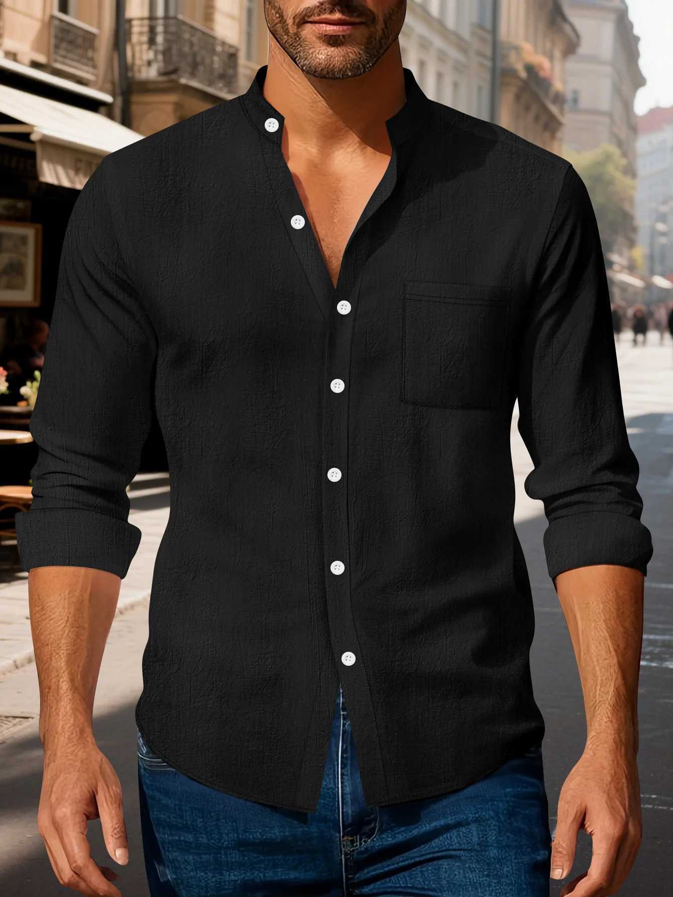 Autumn mens clothing 2025 new item mens solid color cotton and linen shirt stand up collar cardigan long sleeved casual busine M260305