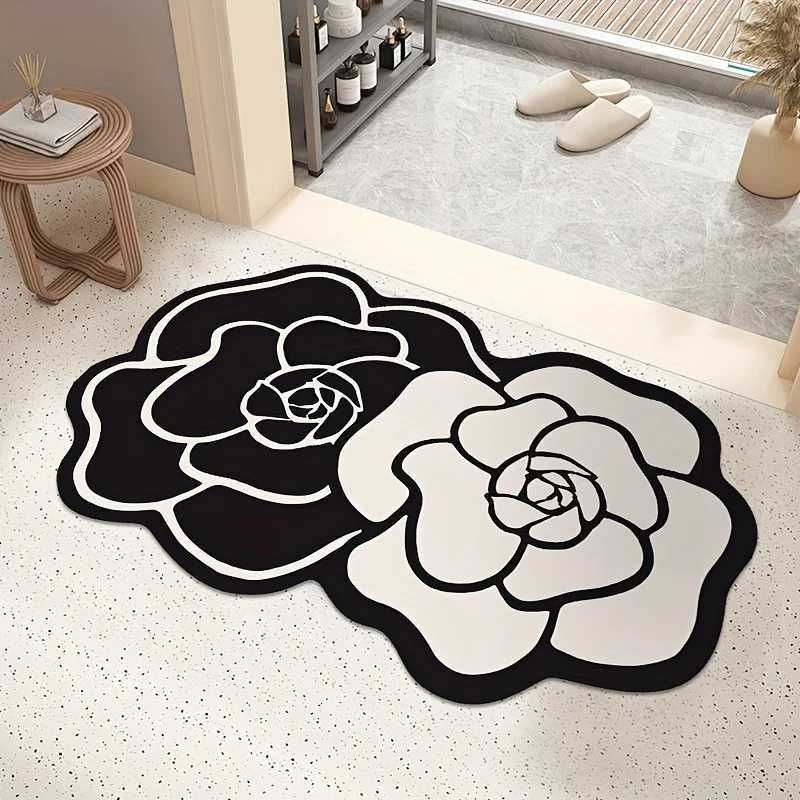 Elegant Floral Non-Slip Mat Quick-Dry Absorbent Black & White Rose for Bathroom Laundry RoomT260305