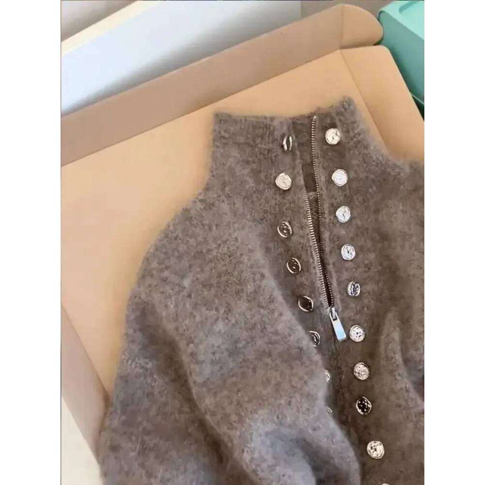 Luxury Fluffy Knitted Cardigan Design Double Breasted Sweater Coat Women Autumn High-end Lazy Zipper 2000s Y2k Knit Top XJ260305