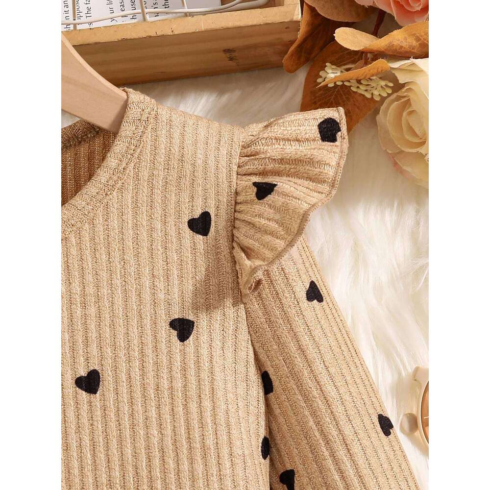 2-Piece Girls in Autumn: Fashionable Elegant Young Girls, Featuring Round-Neck Ribbed Lace-Trimmed Flutter-Sleeve Top Heart Polka Dot Print Long Sleev