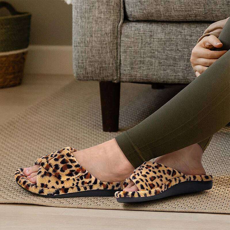 Kidmi New Women Leopard Print Cotton Coral Fleece Orthopedic Slippers with Arch Support Adjustable Open Toe House Shoes
