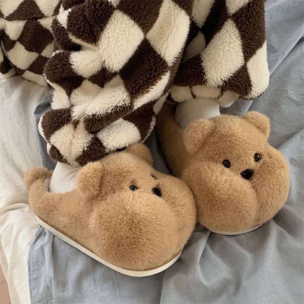 Indoor Furry Slippers For Women Men Cute Cartoon Fat Bear Winter House Shoes Warm Plush Anti-slip Couples Home Cotton Slipper