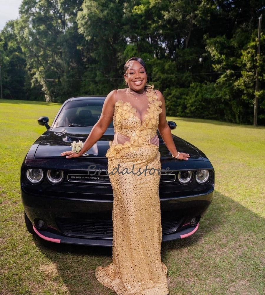 Luxury Gold Sequin Evening Dress With Florals Sparkly O Neck African Black Girls Prom Dress 2026 Plus Size Birthday Party Gowns Ceremony Formal Dress